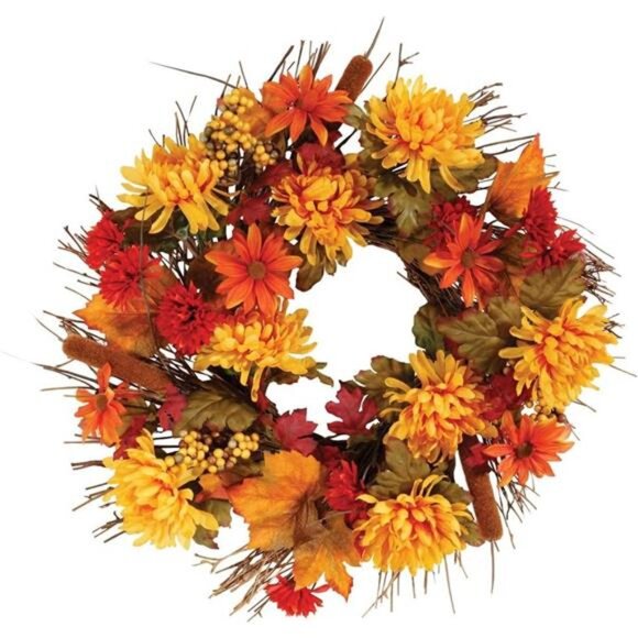 Fall Mum Wreath by OakRidge„¢, 18" Diameter, Silk Floral Autumn Home Decor - Picture 1 of 3